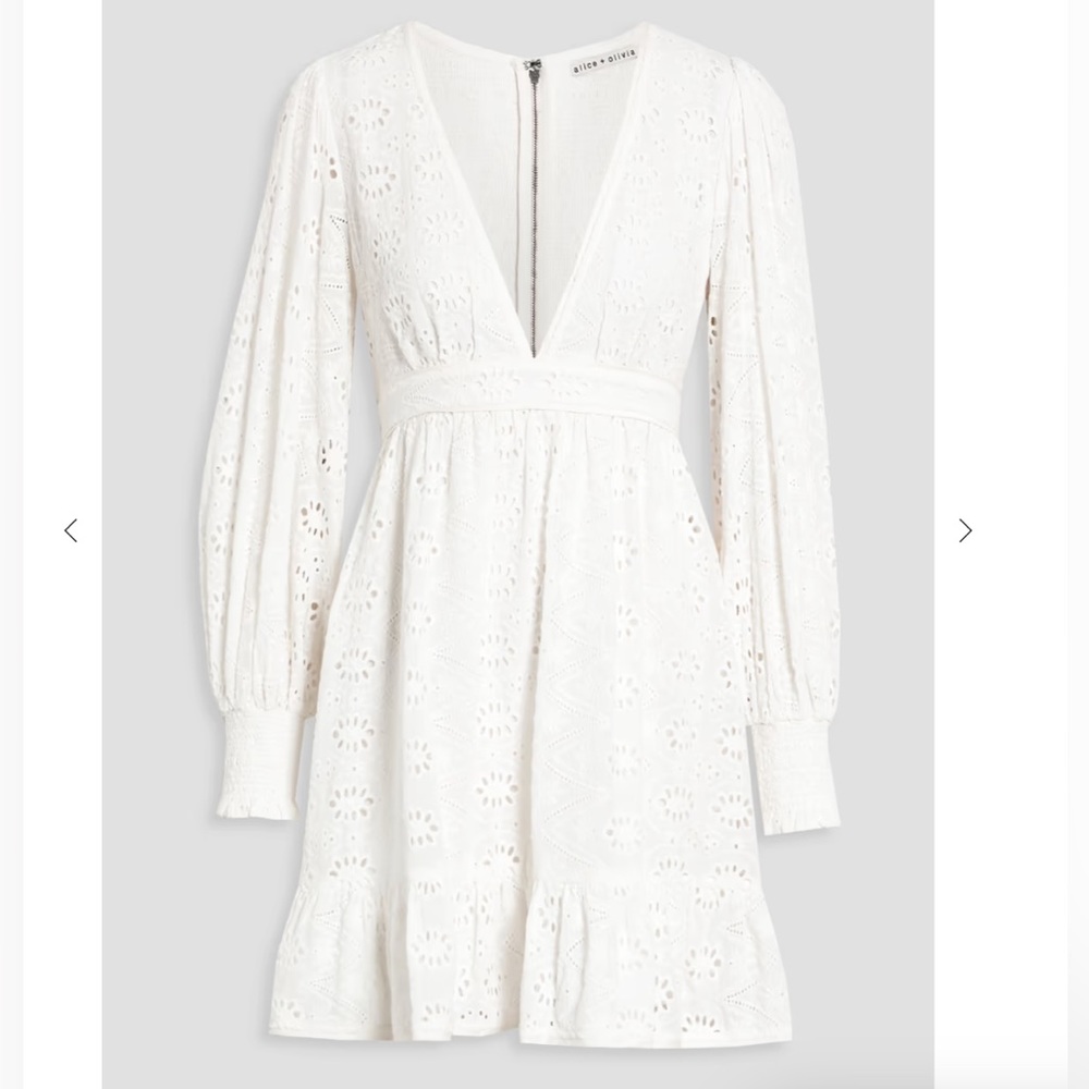 Alice + Olivia Marita Shirred Broderie Anglaise Lace Mini Dress White